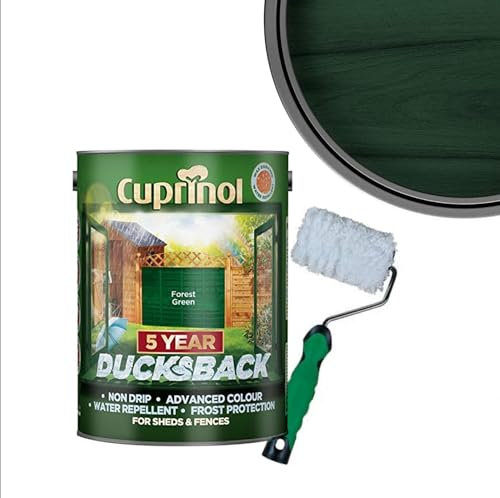 Cuprinol Ducksback- Silver Copse : Shed & Fence Paint 5 Litre| Non Drip, Water Repellent and Frost Defence. Protection for 5 Years. Includes 4 Shed,Fence and Decking Roller (Forest Green)