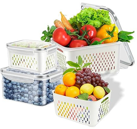 Home-X Set of 3 Food Storage Containers with Lids (0.85 L + 1.75 L + 3.3 L), Airtight Food Containers with Drain Baskets, Fridge Storage Containers Microwave Safe, Vegetable Fruit Organisers (Grey)