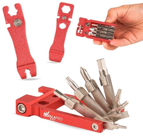 IMPALAPRO Multiherramienta bicicleta 20 en 1 ultraligera y compacta (117,5g) fabricada con aleación de Cromo-Vanadio (CRV) - Kit Herramientas Bicicleta MTB incluye tronchacadenas bicicleta (Rojo)