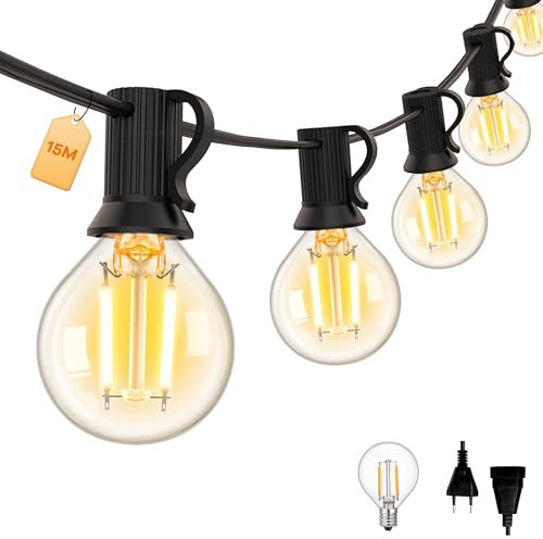 15M LED Lichterkette Außen mit 25+1 G40 1,5W Glas Beleuchtung LED Birne,Wasserdicht IP44, Warmweiss 2700K Kleine Globe Birne für Indoor/Outdoor String Lights,Garten,Balkon,Rasen.220V