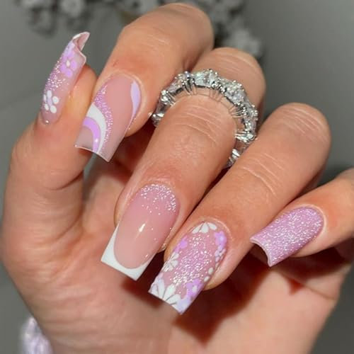 EONFAVE French Tip False Nails - 24pcs Long Coffin Acrylic Press On Nails - Glitter Purple Flower Style - Full Cover Nails for Women Girls