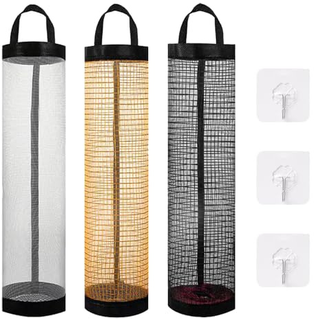 TRKETK 3 Pcs Plastic Bag Holder, Hanging Garbage Bag Carrier Bag Storage Holder with 3 Pcs Sticky Hooks Foldable Mesh Hanging Storage Bag Plastic Bag Dispenser for Home Kitchen Garbage Bag Storage