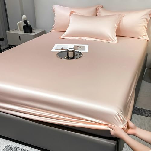 Drap House Satin 150x200 2 Personnes, Draps Housse avec 2 Taie d Oreiller Rose Clair Couleur Unie Elastique Tout Autour
