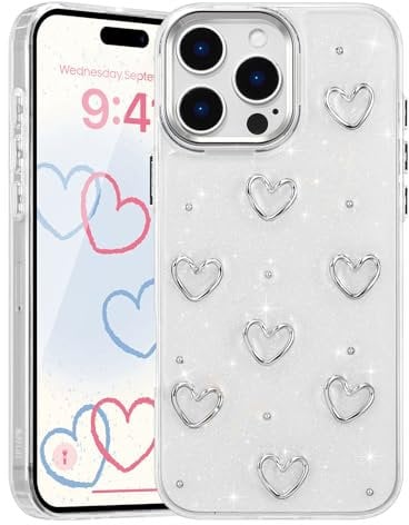 EYZUTAK Case for iPhone 16 Pro Max, Bling Glitter 3D Hearts Phone Case Cute Sparkly Crystal Clear Heart Aesthetic Design Case Slim Soft Durable TPU Transparent Protective Cover for Women Girls - Heart