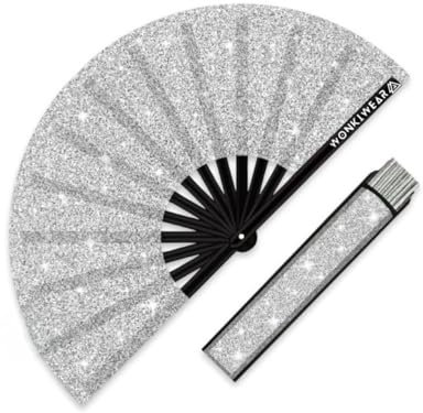 WONKIWEAR Fan, Folding Handheld, Luxury Glitter, Large Strong Black Bamboo. Unisex for Raves, Festivals, Concerts, Drag, Pride (Silver Glitter & Holster, Large)