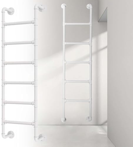 Wall Mounted Attic Loft Ladder 100-300cm White Metal Round Tube Window Well Egress Ladder High Sleeper Bunk Bed Ladder Universal Climbing Ladder for Home Dorm Appartments(134cm/53i