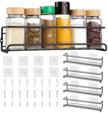 HDRNT Gewürzregal Stehend 4er Set,Gewürzregal Wand,Gewürzhalter Hängend aus Metall,Gewürz-Organizer für Gewürzdosen, Küchenschrank, Speisekammertü,mit 8 Selbstklebende und Schrauben (29x6.5x7cm)
