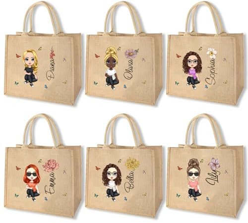 Personalisierte Jute-Tragetasche für Frauen, Strand-Tragetasche mit Namen, individuelle Cartoon-Frauen, Geburtsblume, wiederverwendbare Tasche für Büro, Reisen, Strand, Schießen