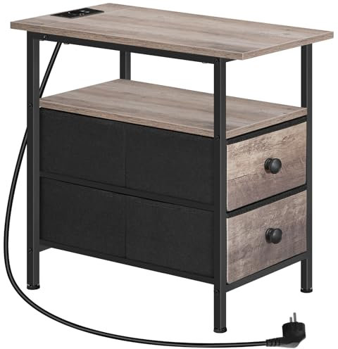 HOOBRO Table d’Appoint avec Station de Charge, Table d’Appoint Fine, Table de Chevet avec 2 tiroirs en Non-tissé, Bout de Canapé Compact, pour Petit Espace, Salon, Grège et Noir EBG486CBZ01