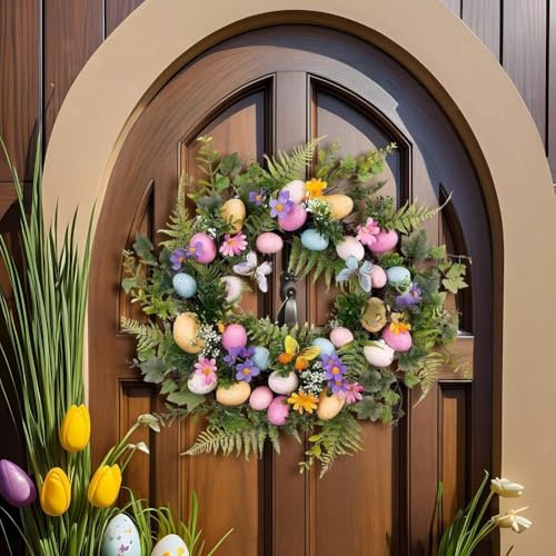 PETSTIBLE Couronne de fleurs en forme d'œuf de Pâques à suspendre sur une porte - Décoration murale de Pâques pour la maison ou les fêtes