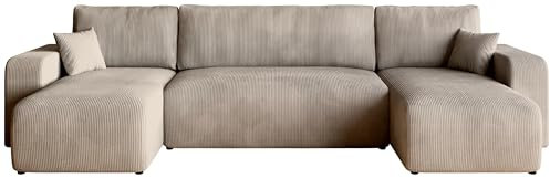BROMARKT Sofa mit Schlaffunktion Couch U Cordstoff Sofa Bettkasten Wohnlandschaft für Wohnzimmer freistehend PUMI L Relaxsofa 3 sitzer 312x148x82 cm Beige