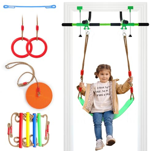 Doorway Swing for Kids & Door Pull Up Bar for Adults, Indoor Kid Swing with 4 Accessories, Multi-Function Doorway Gym, Fits Door Frame 24.41-30.51'' W x 3.94-6.69'' Thickness (Green)