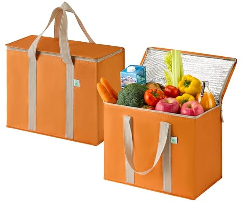 VENO 2 Pack Insulated Grocery Bags, Hard Bottom, Autumn Orange | Heavy Duty, Water-Resistant, Reusable Shopping Bags, Foldable, Zippered, Easy Clean, Food Delivery, Grocery Shopping, Picnic