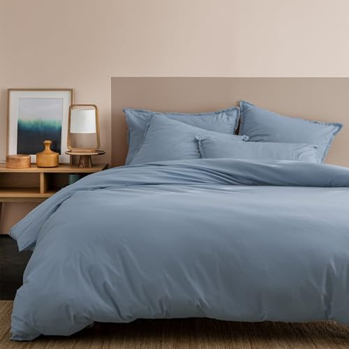MATT & ROSE Housse de Couette Coton LAVÉ Unie 100% Coton | Bleu orage | 240x220 cm | Chambre adulte, lit 2 places | Coton lavé doux au toucher | Fermeture boutons | Certifié Oeko-Tex