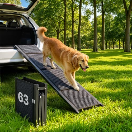 VEVOR Dog Ramp for Cars, 63 L x 17 W, Folding Pet Ramps for Medium & Large Dogs up to 250lbs, Pet Stair Ramp with Non-Slip Felt Rug Surface, Portable Outdoor Dog Car Ramps for SUV & Truck