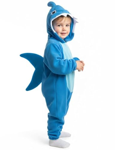 Hai-Kostüm für Kinder, Größe M, blauer Overall mit angenähter Haifisch-Kapuze, Flosse und Schwanz, für Kinder, Jungen, Mädchen, Meerestiere, Tier, Halloween, Weltbuchtag, Faschingskostüm