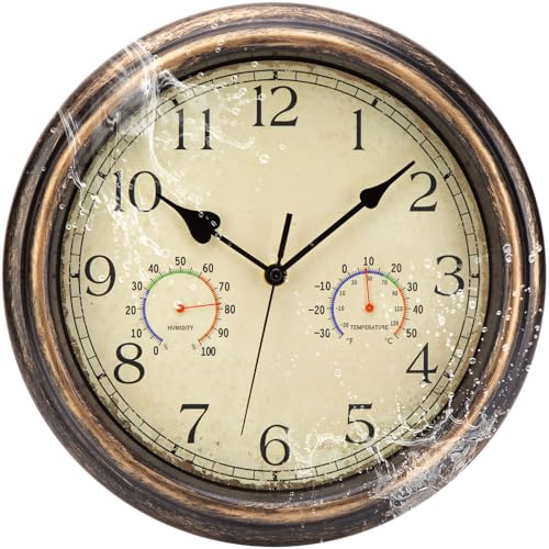 ACCSHINE Outdoor Wasserdicht Wanduhr Ohne Tickgeräusche 30cm Vintage | Uhr Mit Thermometer und Hygrometer Anzeige Wanduhr Lautlos Quarz Batteriebetrieben Groß Deko Garten Wand für Küche Badezimmer
