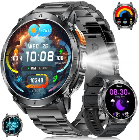 Smartwatch Herren Militär mit LED-Licht, 1,62 Zoll AMOLED Display Fitnessuhr mit Telefonfunktion, 730mAh Akku, 24/7 Herzfrequenz/Schlafmonitor, 119 Sportmodi Sportuhr für iOS Android, Schwarz