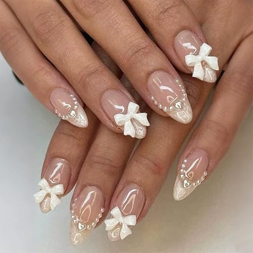 French Tip Press on Nails, Almond Shape, White Bow and Pearl Design | 24 Pieces, Medium Length, Glue on Application, DIY Manicure Kit, For Women Girls