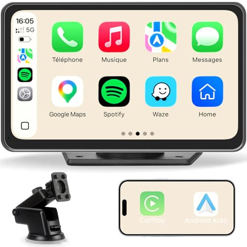 CarPlay Voiture, Portable Autoradio CarPlay & Android Auto sans Fil, Stéréo de Voiture 7 Pouces Écran Tactile avec GPS Navigation, Contrôle Vocal, Bluetooth Appels avec Mains Libres, FM, MirrorLink
