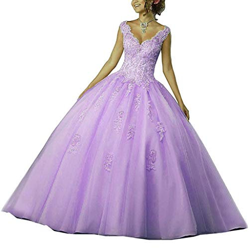 Vantexi Vestidos de quinceañera con cuello en V para mujer, con encaje, vestidos de noche, largos, vestidos de novia, vestidos de fiesta, Color lila., 46