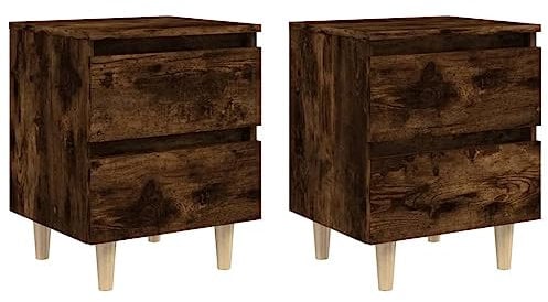 vidaXL 2X Nachttisch mit Massivholz-Beinen Nachtschrank Nachtkonsole Nachtkommode Schlafzimmer Schrank Kommode Räuchereiche 40x35x50cm
