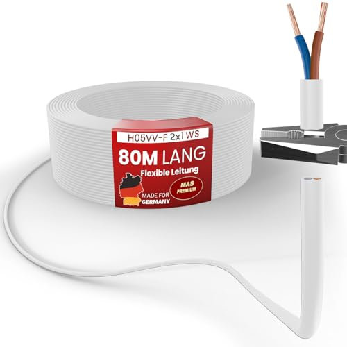 MAS Premium Câble en plastique flexible H05VV-F 2, 3 ou 5 x 0,75 - x1 - x1,5 ou x2,5 et 4G0,75 - De 5 à 100 m - Câble d'appareil - (H05VV-F 2 x 1 WS, 80 m)