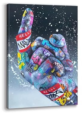 KAWAHONE Banksy Leinwandbild, abstraktes Graffiti-Straße, Pop-Art, buntes Graffiti-Mittelfinger-Bild, Posterkunst, buntes Gemälde, gerahmt für Wohnzimmer, fertig zum Aufhängen, 61 cm Bx91 cm H