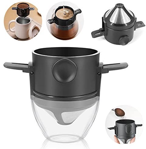 Pour Over Coffee Dripper Maker Filters Cone Paperless with Holder Manual Reusable Double Stainless Steel Filter 1-2 Cup