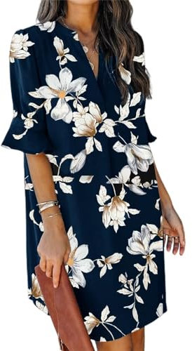JOCAFIYE Freizeitkleider für Frauen Blaues Kleid mit weißen Blumen Gerüschte Ärmel V-Neck Straight Fit Kleid Blaue Blume XL