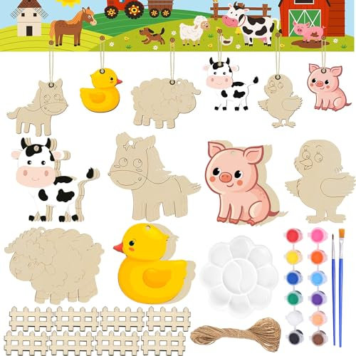 YeahBoom 30 Stück Nutztier Bastelset Kit,Nutztier zum Bemalen,Holz Nutztier Basteln,Nutztier Holz Deko,Basteln mit Holz für Kinder,Nutztier holzstücke,farbiger Pinsel,für DIY Kinder Malen Dekoration