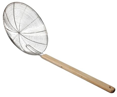 PEBBLE HUG Stainless Steel Wok Skimmer with Wooden Handle, for Kitchen Frying Food, Pasta, Spaghetti, and Noodles, Cooking Utensils Strainer, Wired Skimmer, Easy to Clean (28 cm)