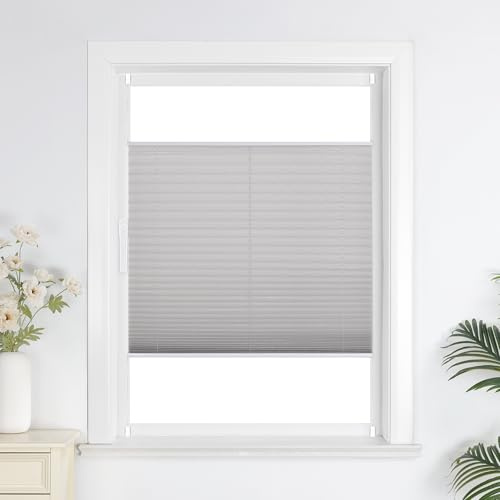 Joyswahl Plissee Rollo ohne Bohre, Klemmfix, Sonnenschutz, Lichtdurchlässig, Sichtschutz, Faltrollo mit Klemmträger für Fenster 1er Pack Grau BxH 40x130cm