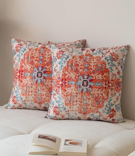 Vorysum 2er Set Kissenbezüge 50x50 cm Boho Kissenbezug Abstrakte Deko Kissen Vintage Rot Kissenhülle Doppelseitiges Muster Samt Kissen für Garten Sofa Bett Dekorative Kissenhüllen