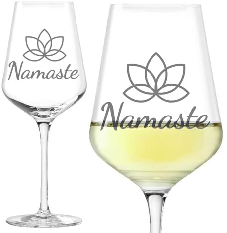 Graviertes Universal-Glas „Namaste mit Lotusblüte“, Buddhistisches Glückssymbol, Füllmenge 400ml, Größe 22cm, ideal für Yoga-Freunde, Gravur, personalisiert für spirituelle Genussmomente