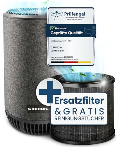 Grundig Luftreiniger Allergiker Air Purifier - Extra leise Hepa Filter + AKTIVKOHLEFILTER filtert 99,9% Schimmel Staub Pollen Viren Raucherzimmer, Luftqualitätsanzeige - 49m2 (Gerät + Ersatzfilter)