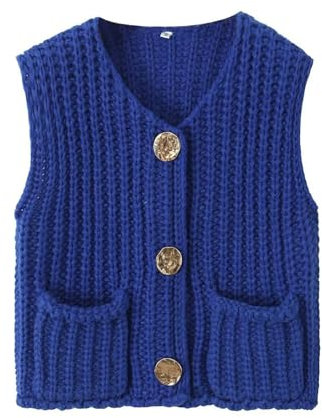 Women Chunky Sweater Vest Button Down Crochet Cable Knit Cardigan Sleeveless Open Front Knitted Crop Waistcoat(Royal Blue,Medium)