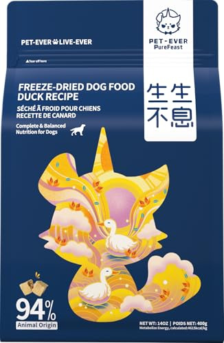 PET-EVER PureFeast gefriergetrocknete Hundeleckerlis, 94% tierisches, gefriergetrocknetes Rohfutter, gesundes Futter mit hohem Proteingehalt und Mahlzeitenmixer für Hunde (400g, Ente)