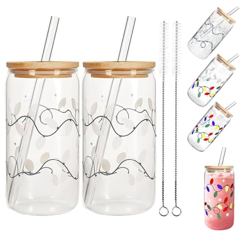 2pieces Color Changing Christmas Cup, Colour Changing Christmas Glass Cup With Lids And Straws, Reusable Travel Coffee Cups, Multipurpose Glass Drink Bottle For Iced Coffee, Cappuccino Tea, Latte Milk