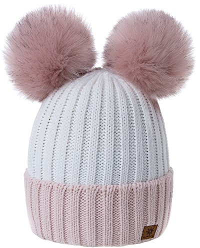 MFAZ Morefaz Ltd Damen Winter Beanie Strickmütze Mütze Doppelt Bommel Pom Pom Wurm SKI Mütze (Powder-Pink White)