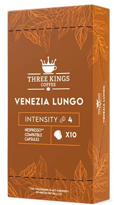 Three Kings Coffee 100 Nespresso Compatible Capsules (Venezia Lungo) - Sweet Coffee Pods for Machines - Coffee Accessories