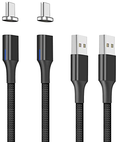 NetDot Gen10 USB-C Nylon-geflochtenes magnetisches Schnellladekabel mit seitlicher LED kompatibel mit Typ-C-Gerät (2m/2 Packung schwarz)