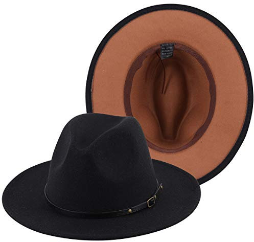 Lanzom Klassischer Panamahut für Damen, breite Krempe, Gürtelschnalle, Wolle, Fedora-Hut, Schwarz + Khaki (innen), Einheitsgröße