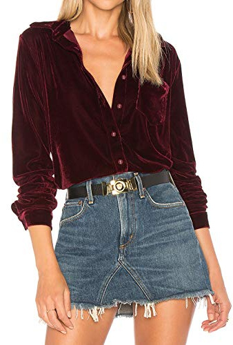 R.Vivimos Herbst Winter Damen Lässig Langarm V Ausschnitt Blusen Button Down Samt Sexy Tops Hemd Mit Tasche