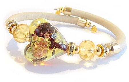VENEZIA CLASSICA - Damen-Armband mit Herz aus Muranoglas und echtem Toskana Leder, Kollektion Tuscany mit Gold und Silberblatt, beige