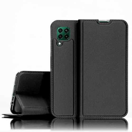 NALIA Klapphülle kompatibel mit Huawei P40 lite Hülle, Slim Flip Case Kunst-Leder Handyhülle Hard Cover Etui 360 Grad, Handy-Tasche Phone Book Bumper Schutzhülle Wallet Klappbar, Farbe:Schwarz
