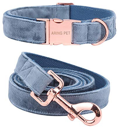 ARING PET Blue Dog Collar and Lead, Velvet Collar and Leash Set, Comfortable Collar and Lead with Adjustable Metal Buckle for Boys&Girls Dogs, Small