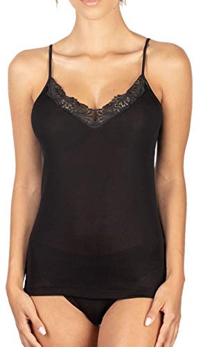 EGI Canotte Donna Filo di Scozia Spallina Sottile con Pizzo (6/XL, Nero)