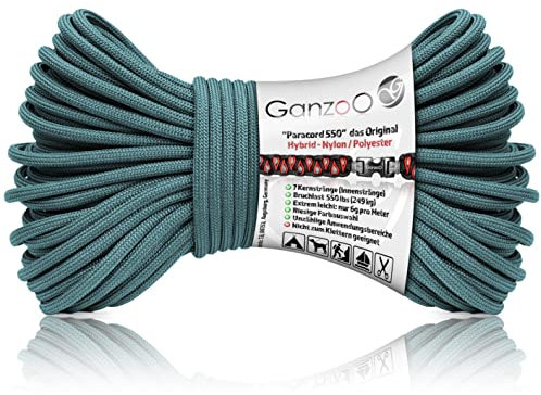 Ganzoo Paracord 550 Seil grau blau, 4mm, Typ 3, Nylon Polyester, Hybrid, Armband, Hunde-Leine, Hunde-Halsband knüpfen, ca. 250kg Bruchlast, Outdoor Rope, Camping Schnur, Allzweckseil, 30 Meter