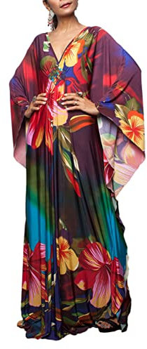 Bsubseach Plus Size Caftan Dresses for Women Swimsuit Cover Up Batwing Sleeve Summer Maxi Kaftan Dress Colorful Floral